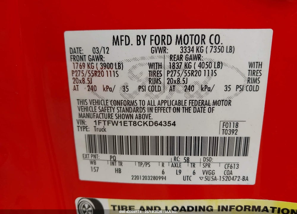 2012 FORD F-150 VIN: 1FTFW1ET8CKD64354