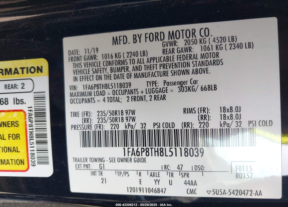 2020 FORD MUSTANG VIN: 1FA6P8TH8L5118039