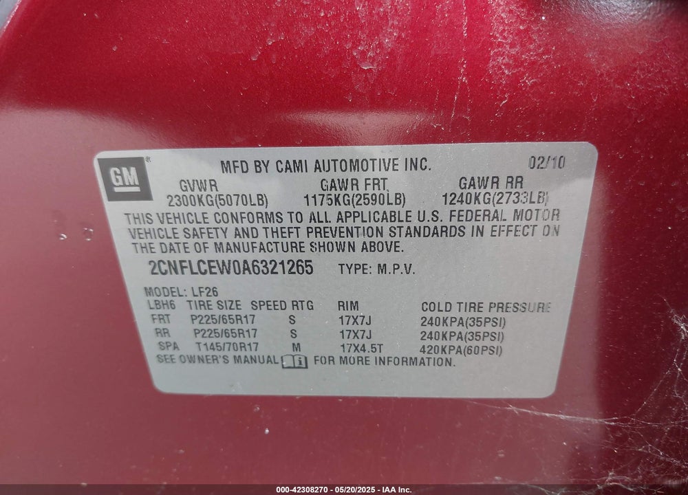 2010 CHEVROLET EQUINOX VIN: 2CNFLCEW0A6321265