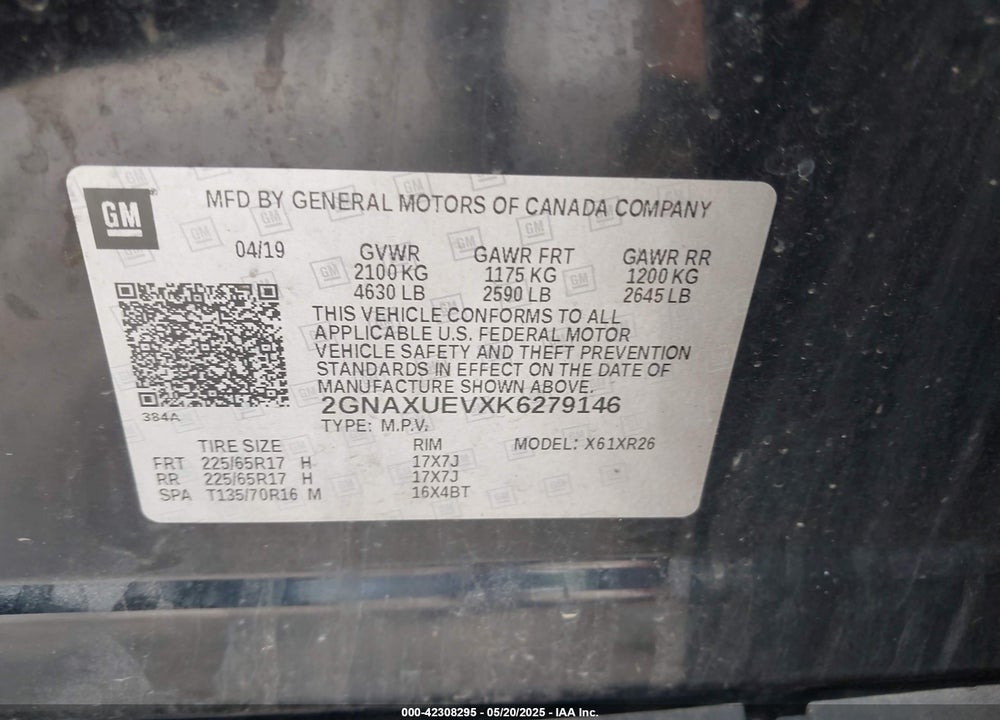 2019 CHEVROLET EQUINOX VIN: 2GNAXUEVXK6279146