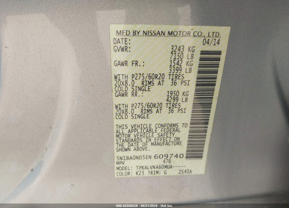 2014 NISSAN ARMADA VIN: 5N1BA0ND5EN609740