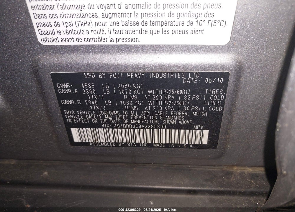 2010 SUBARU OUTBACK VIN: 4S4BRBJC8A3385399