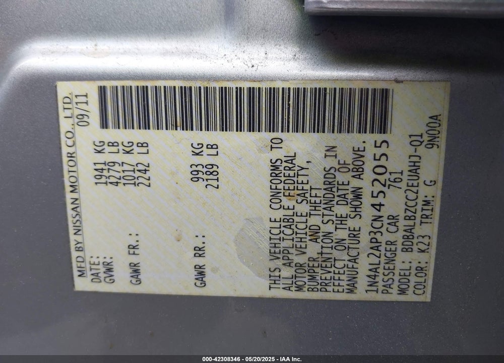 2012 NISSAN ALTIMA 2.5 S VIN: 1N4AL2AP3CN452055