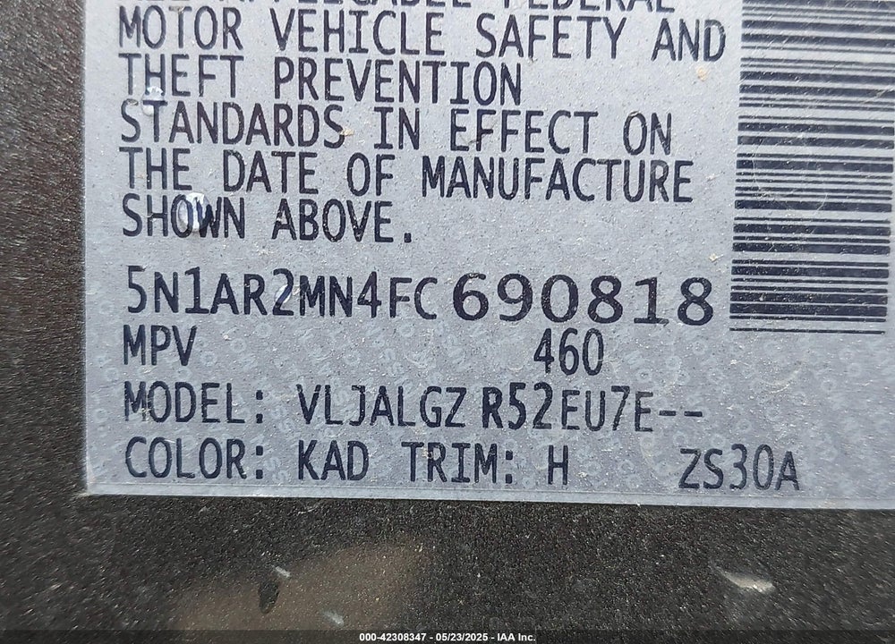 2015 NISSAN PATHFINDER VIN: 5N1AR2MN4FC690818