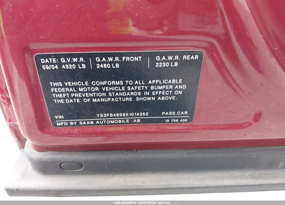 2005 SAAB 9-3 LINEAR VIN: YS3FB49S851014352