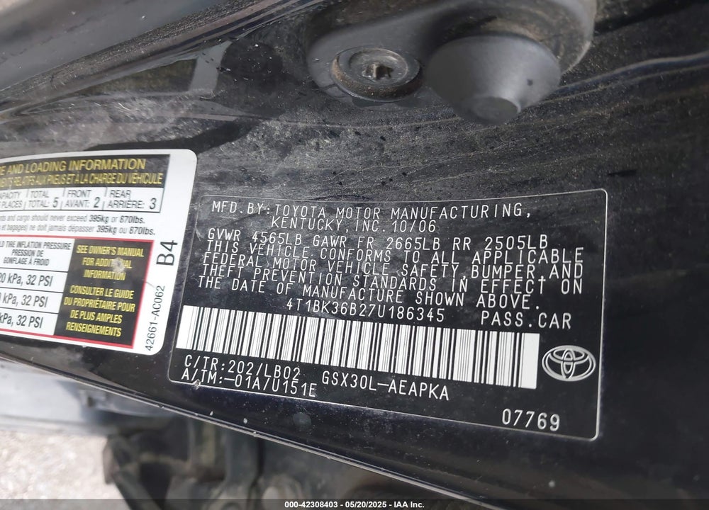 2007 TOYOTA AVALON VIN: 4T1BK36B27U186345