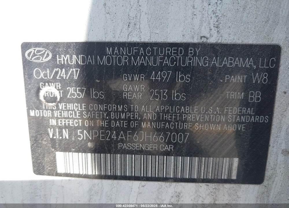 2018 HYUNDAI SONATA VIN: 5NPE24AF6JH667007