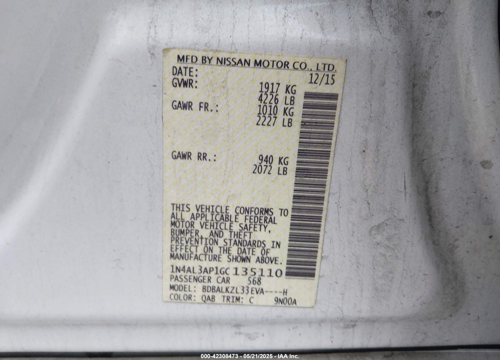 2016 NISSAN ALTIMA 2.5 SV VIN: 1N4AL3AP1GC135110