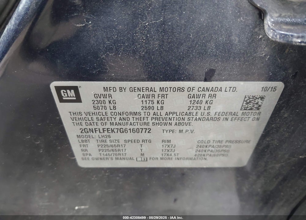 2016 CHEVROLET EQUINOX LT VIN: 2GNFLFEK7G6160772