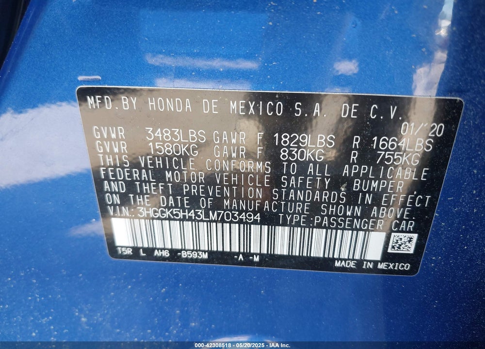 2020 HONDA FIT LX VIN: 3HGGK5H43LM703494