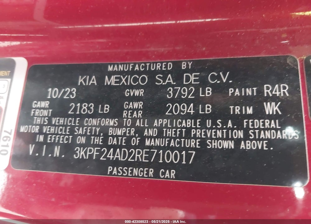 2024 KIA FORTE LXS VIN: 3KPF24AD2RE710017