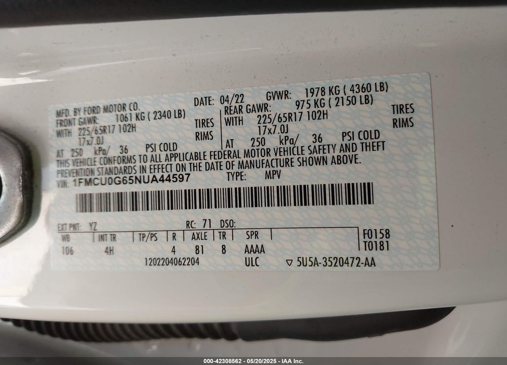2022 FORD ESCAPE SE VIN: 1FMCU0G65NUA44597