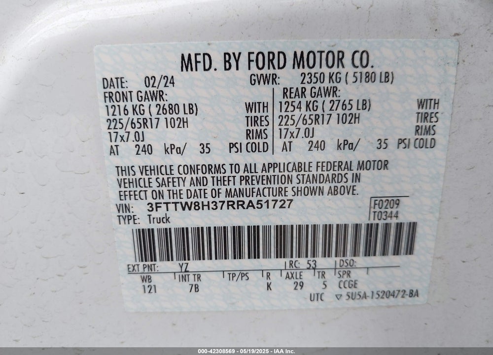 2024 FORD MAVERICK XLT VIN: 3FTTW8H37RRA51727