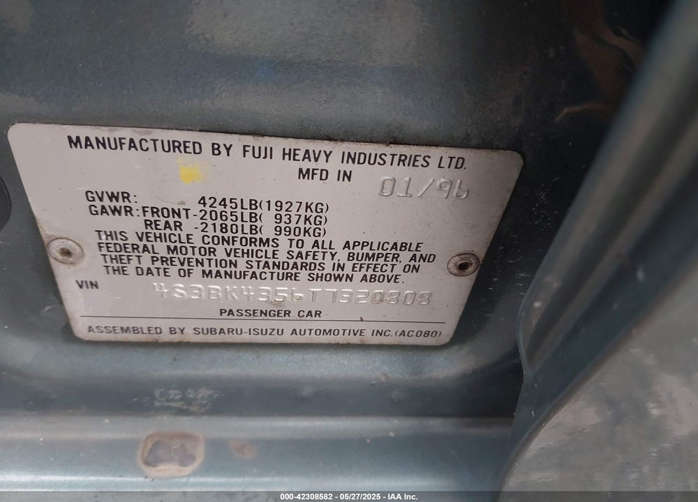 1996 SUBARU LEGACY L VIN: 4S3BK4356T7320808