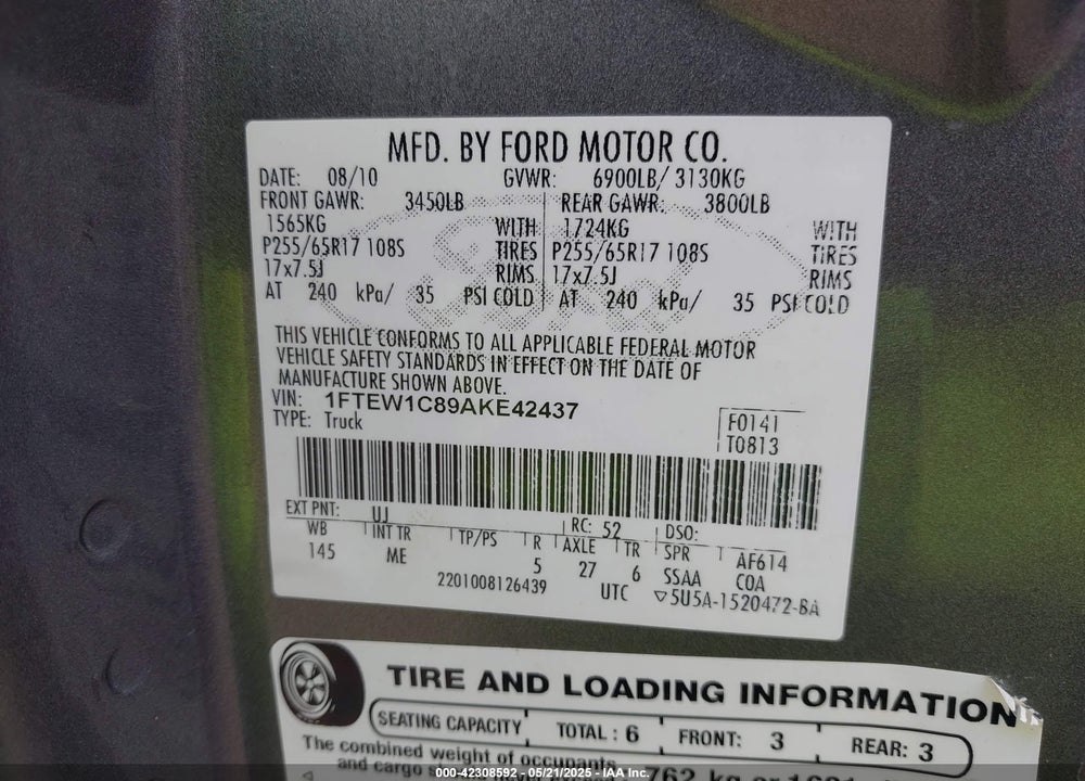 2010 FORD F-150 FX2 SPORT/XL/XLT VIN: 1FTEW1C89AKE42437