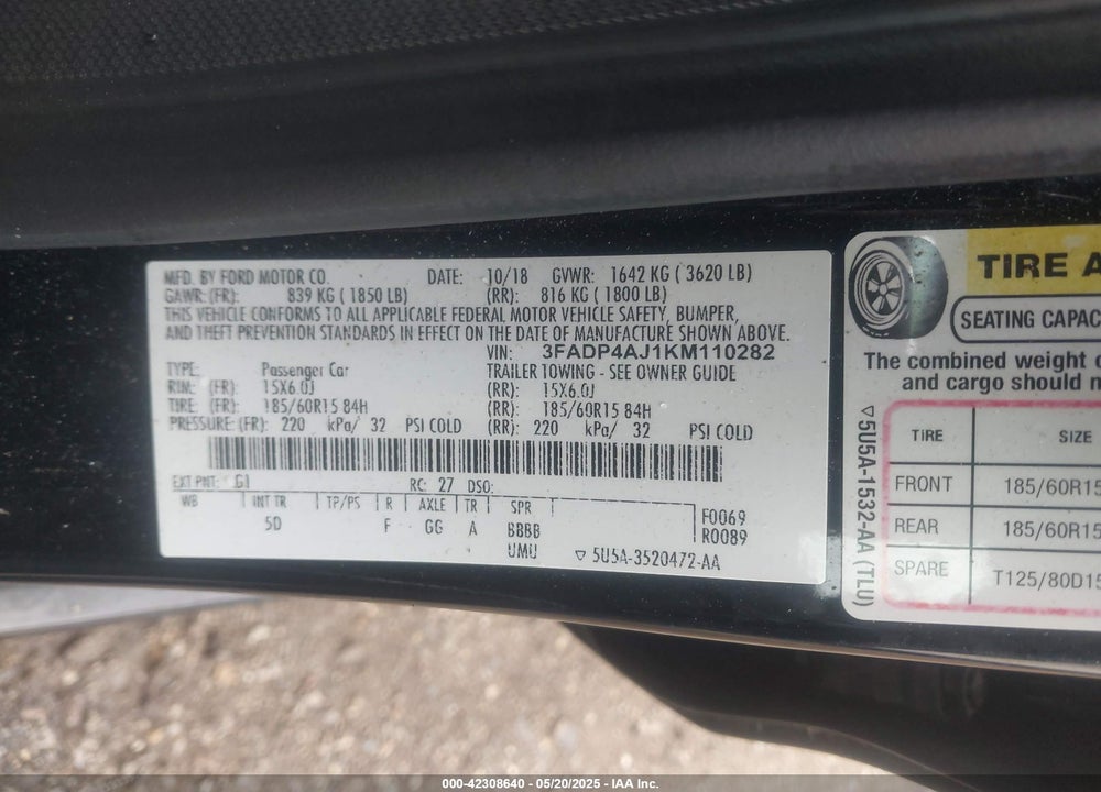 2019 FORD FIESTA VIN: 3FADP4AJ1KM110282