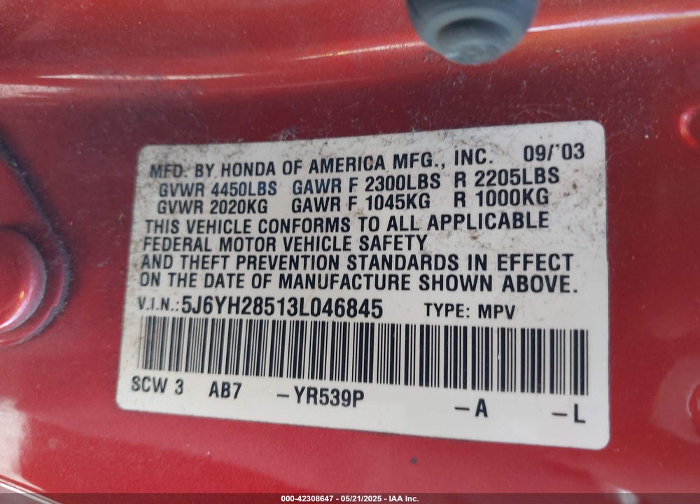 2003 HONDA ELEMENT EX VIN: 5J6YH28513L046845