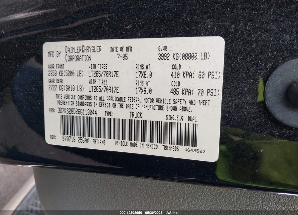 2006 DODGE RAM 2500 VIN: 3D7KS28D26G113044