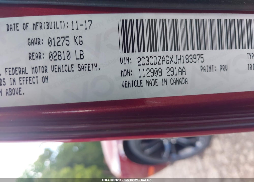 2018 DODGE CHALLENGER VIN: 2C3CDZAGXJH183975
