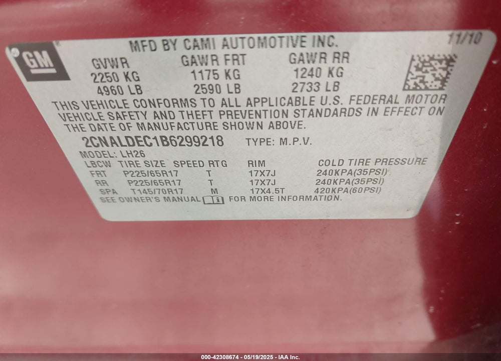 2011 CHEVROLET EQUINOX 1LT VIN: 2CNALDEC1B6299218