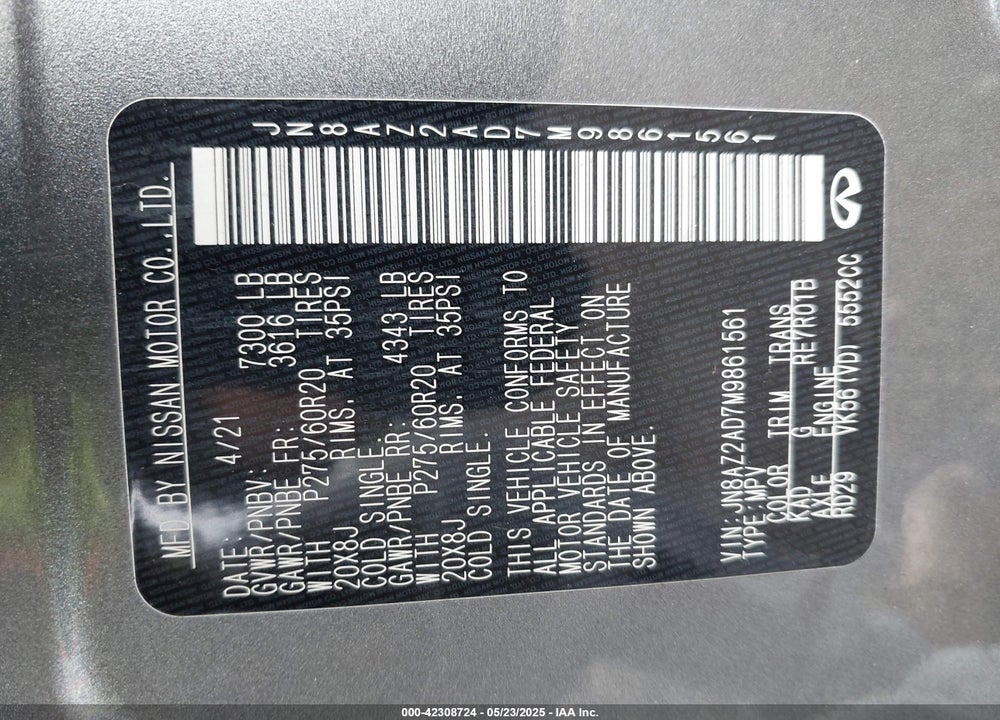 2021 INFINITI QX80 LUXE VIN: JN8AZ2AD7M9861561
