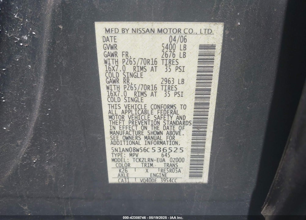 2006 NISSAN XTERRA VIN: 5N1AN08W56C536525