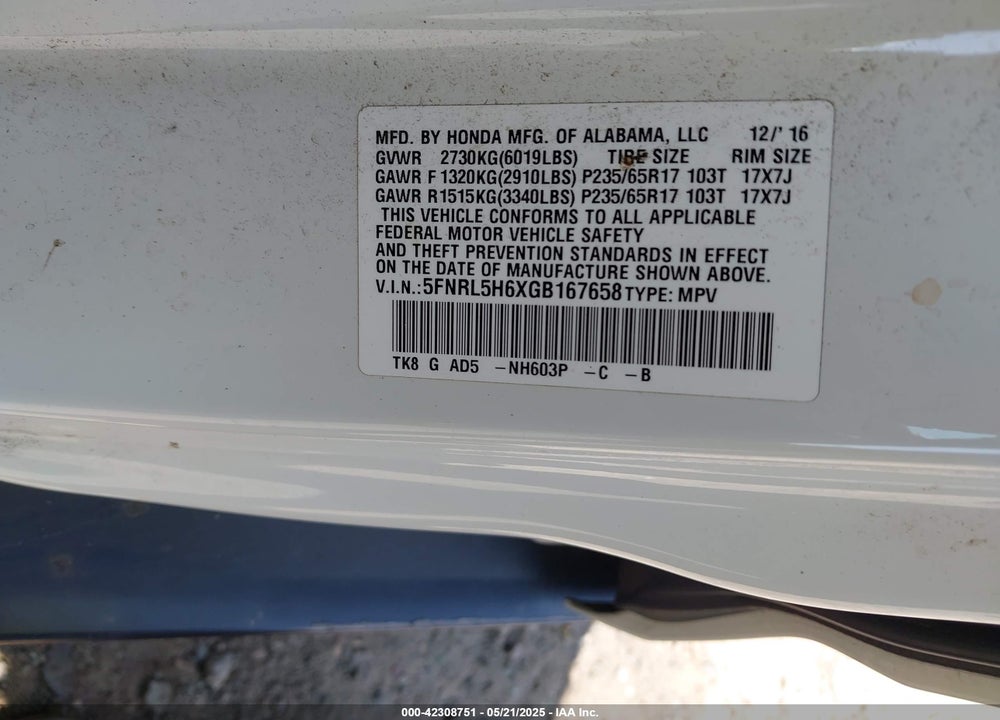 2016 HONDA ODYSSEY EX-L VIN: 5FNRL5H6XGB167658