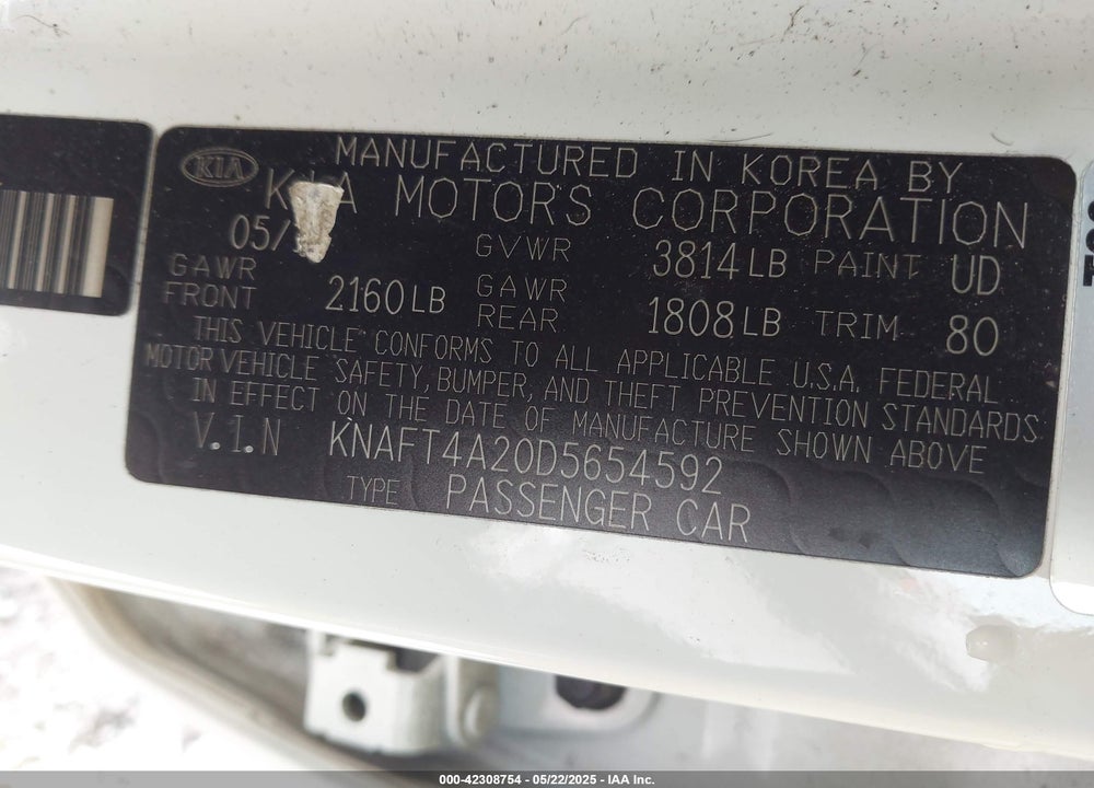 2013 KIA FORTE LX VIN: KNAFT4A20D5654592