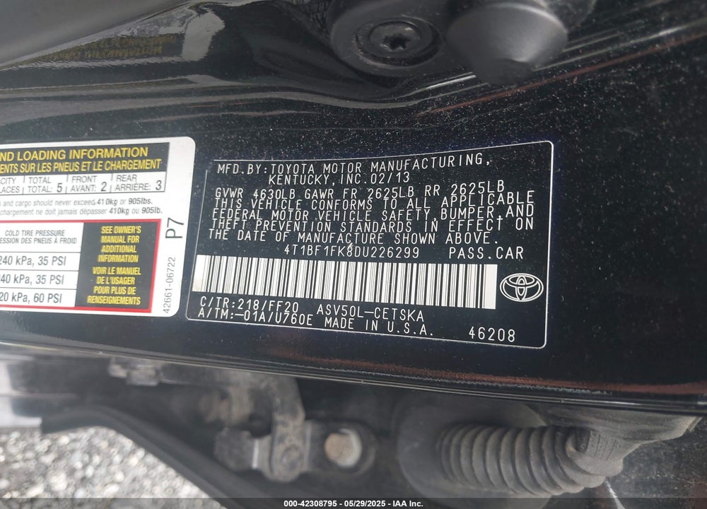 2013 TOYOTA CAMRY VIN: 4T1BF1FK8DU226299
