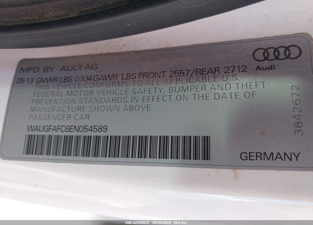 2014 AUDI A6 2.0T PREMIUM VIN: WAUGFAFC6EN054589
