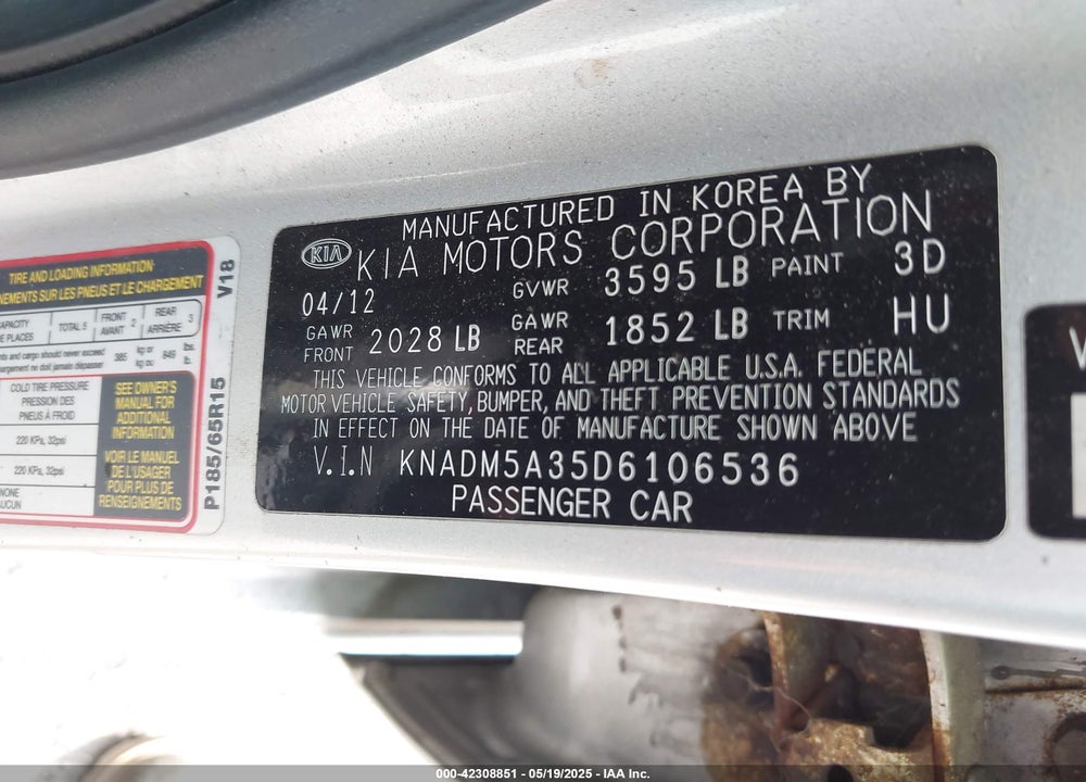 2013 KIA RIO VIN: KNADM5A35D6106536