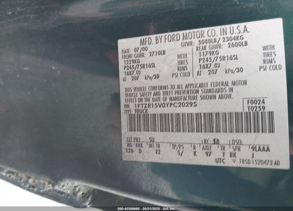 2000 FORD RANGER XL/XLT VIN: 1FTZR15V0YPC20295
