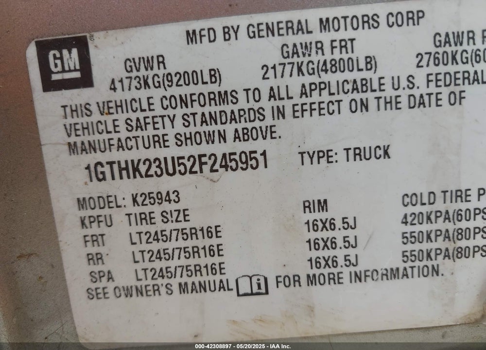 2002 GMC SIERRA 2500HD SL VIN: 1GTHK23U52F245951