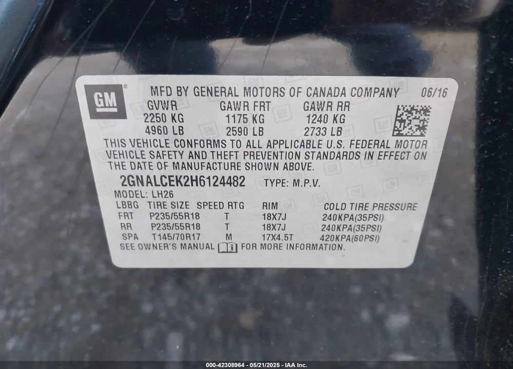 2017 CHEVROLET EQUINOX LT VIN: 2GNALCEK2H6124482