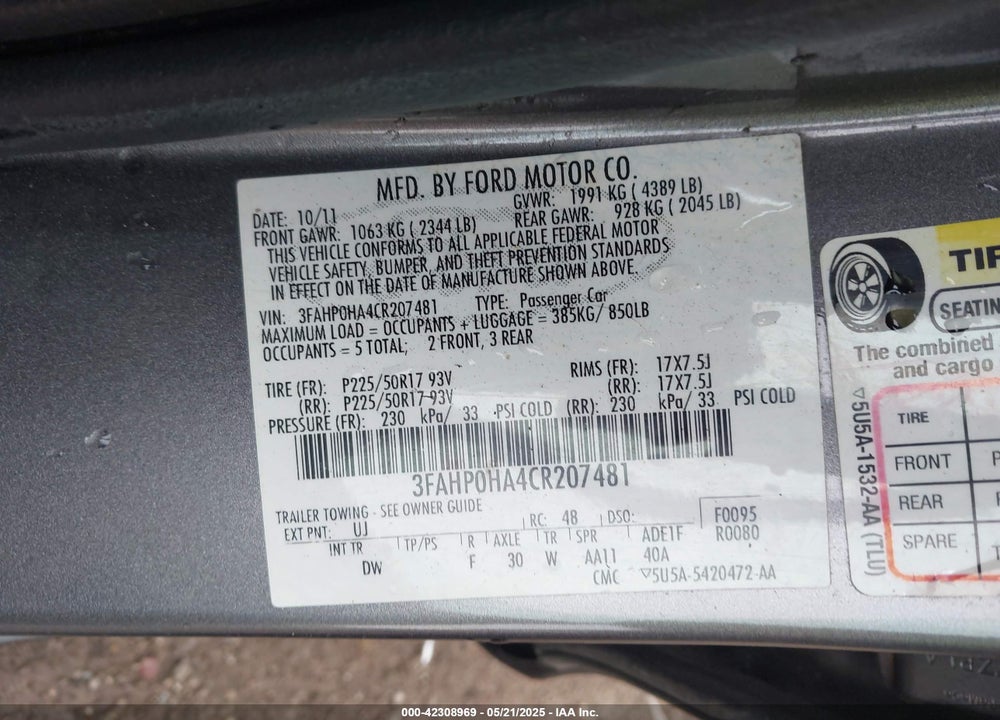2012 FORD FUSION SE VIN: 3FAHP0HA4CR207481