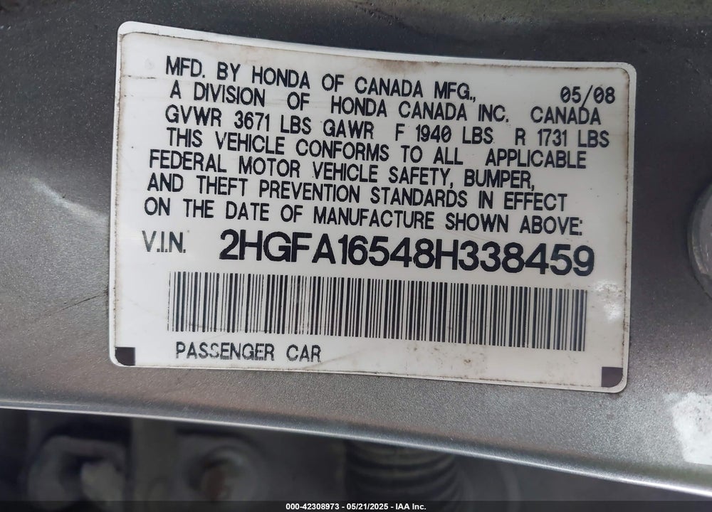 2008 HONDA CIVIC LX VIN: 2HGFA16548H338459