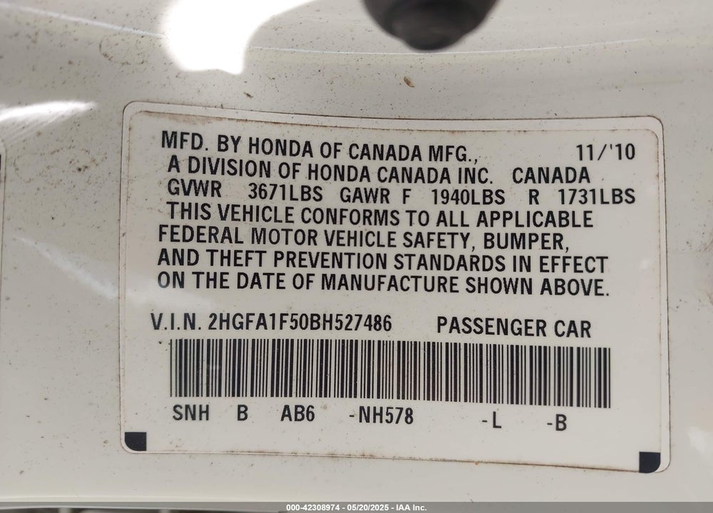 2011 HONDA CIVIC LX VIN: 2HGFA1F50BH527486