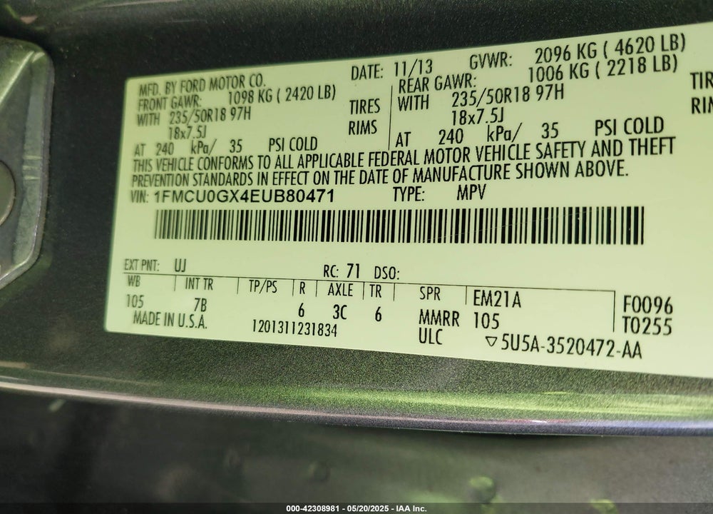 2014 FORD ESCAPE VIN: 1FMCU0GX4EUB80471