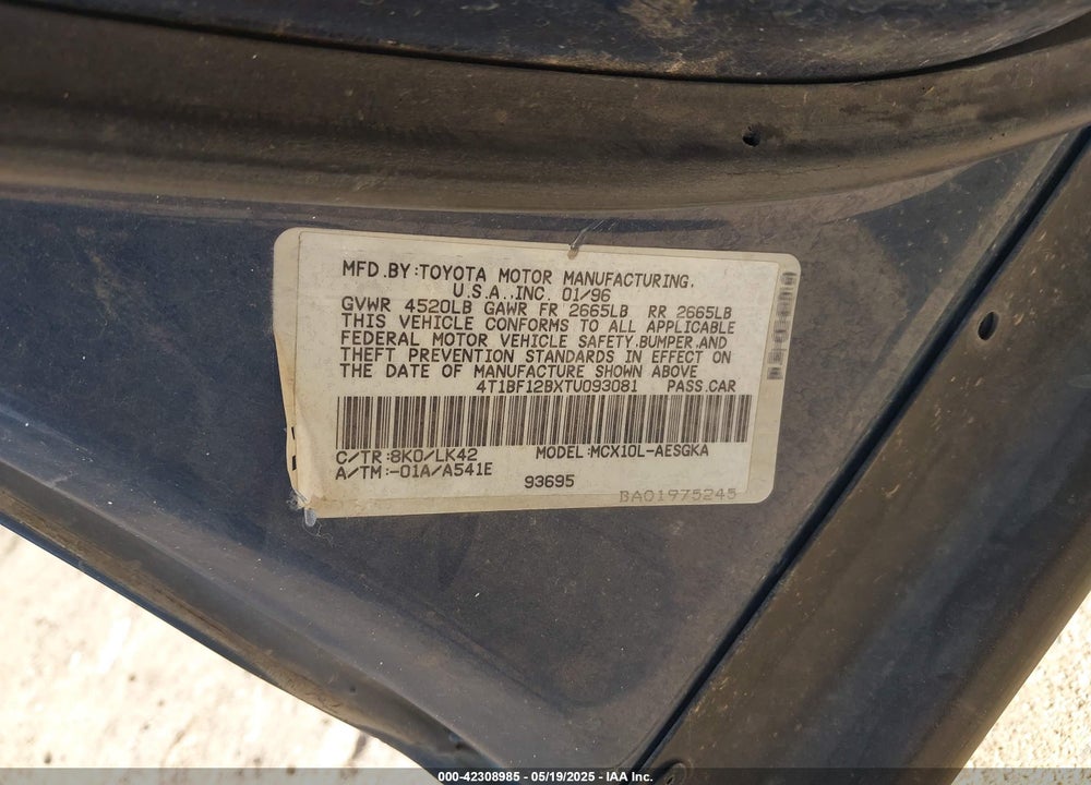 1996 TOYOTA AVALON VIN: 4T1BF12BXTU093081