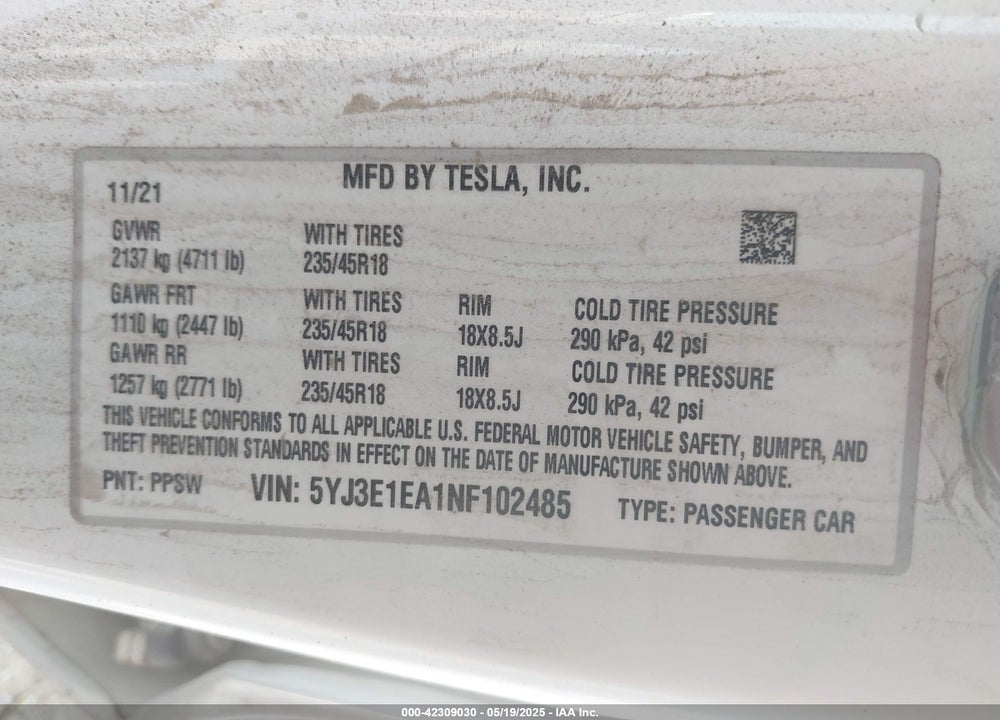 2022 TESLA MODEL 3 VIN: 5YJ3E1EA1NF102485