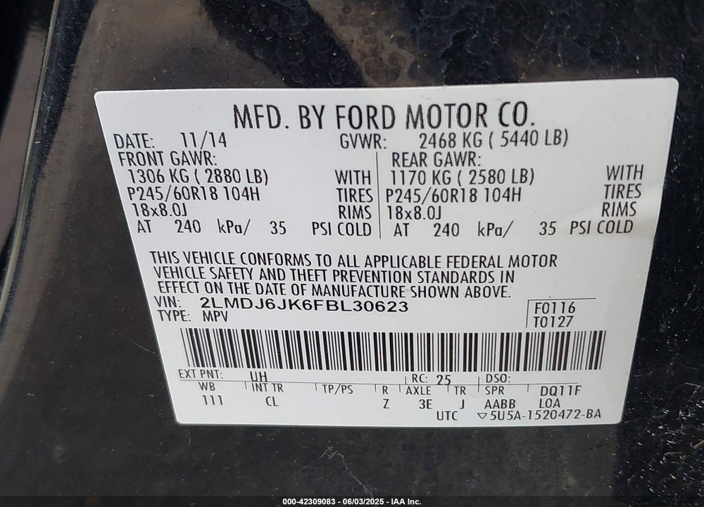 2015 LINCOLN MKX VIN: 2LMDJ6JK6FBL30623