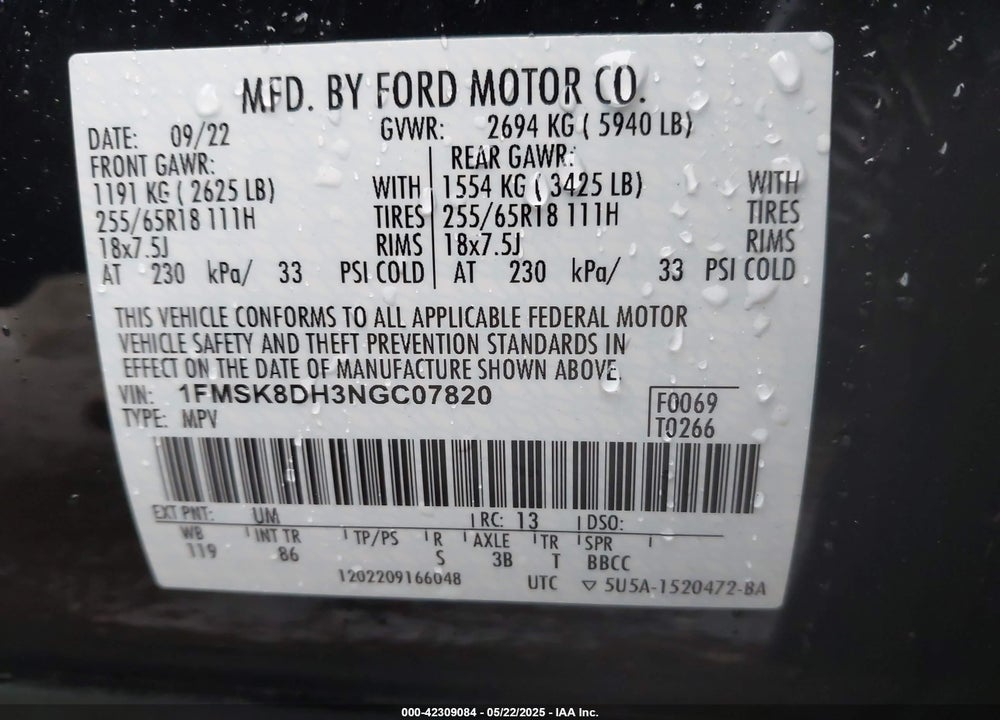 2022 FORD EXPLORER XLT VIN: 1FMSK8DH3NGC07820