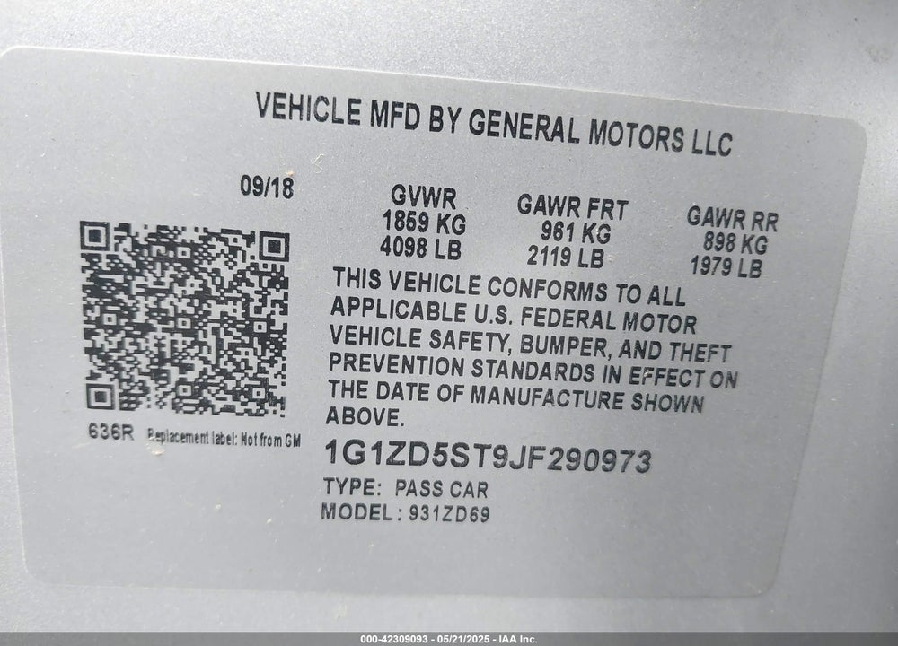 2018 CHEVROLET MALIBU VIN: 1G1ZD5ST9JF290973