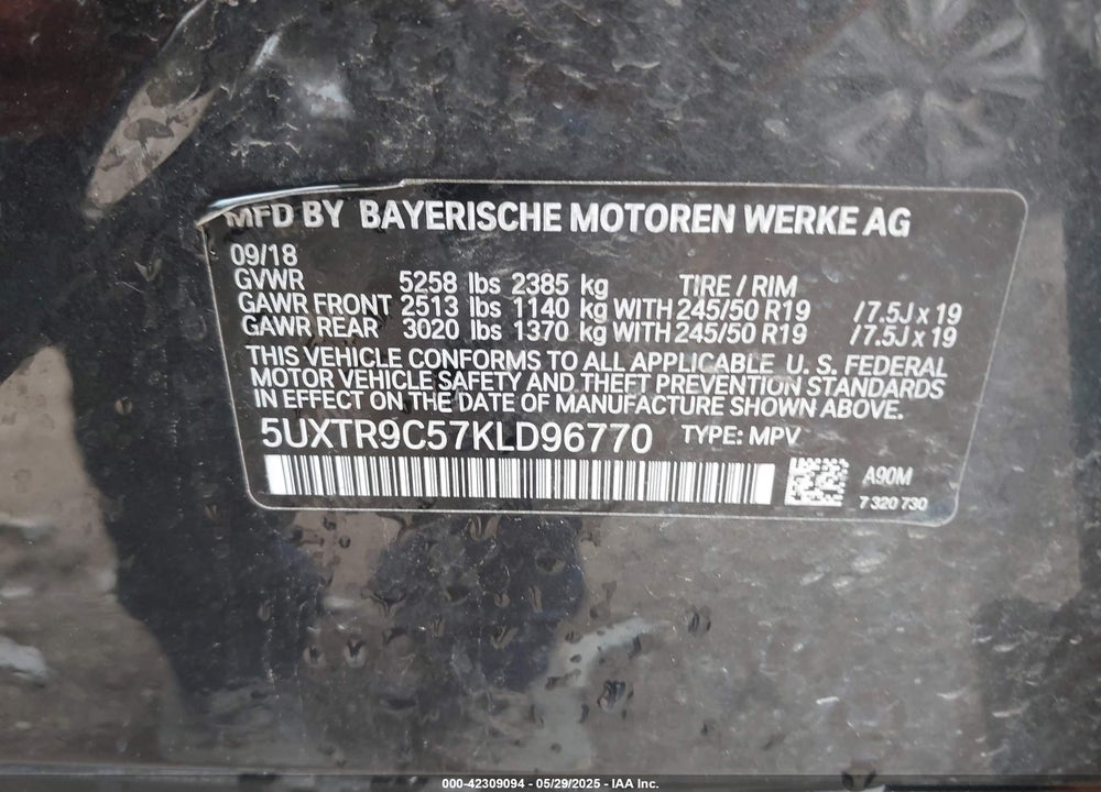 2019 BMW X3 XDRIVE30I VIN: 5UXTR9C57KLD96770