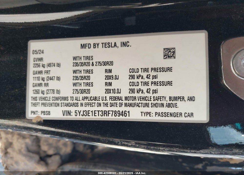 2024 TESLA MODEL 3 PERFORMANCE ALL-WHEEL DRIVE VIN: 5YJ3E1ET3RF789461