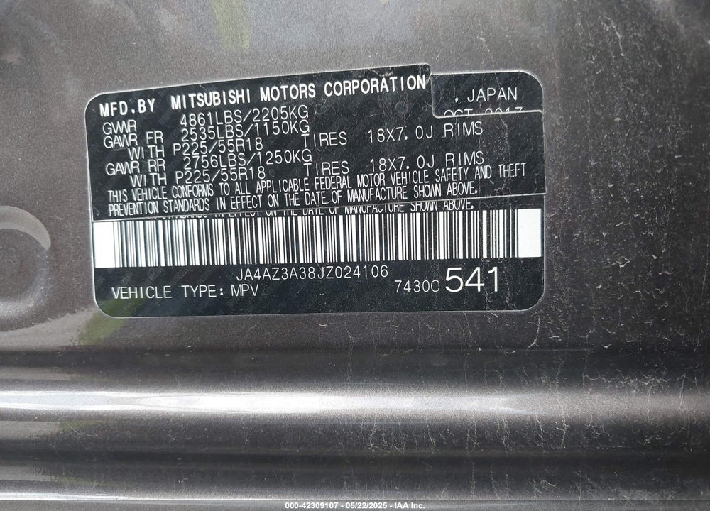 2018 MITSUBISHI OUTLANDER VIN: JA4AZ3A38JZ024106