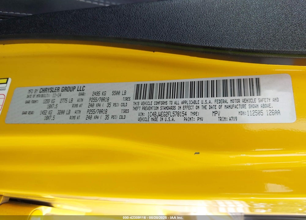 2015 JEEP WRANGLER UNLIMITED SAHARA VIN: 1C4BJWEG2FL578154