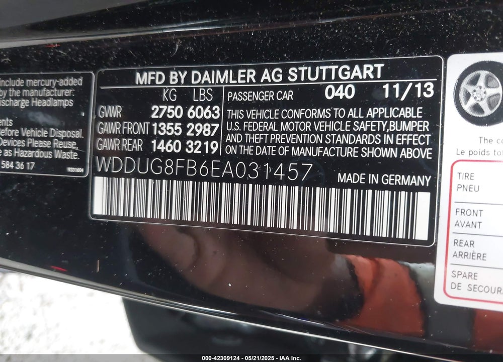 2014 MERCEDES-BENZ S CLASS VIN: WDDUG8FB6EA031457