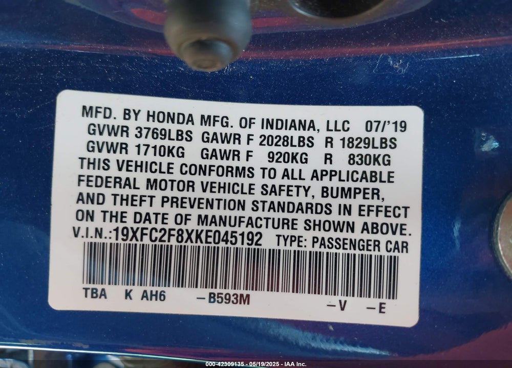 2019 HONDA CIVIC SPORT VIN: 19XFC2F8XKE045192