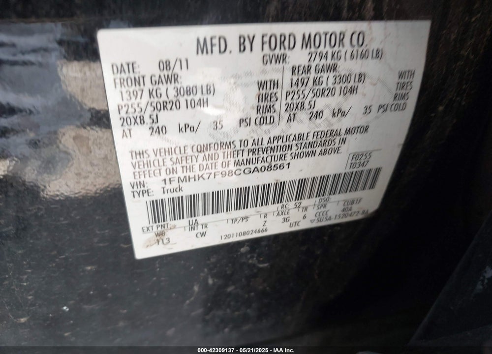 2012 FORD EXPLORER LIMITED VIN: 1FMHK7F98CGA08561
